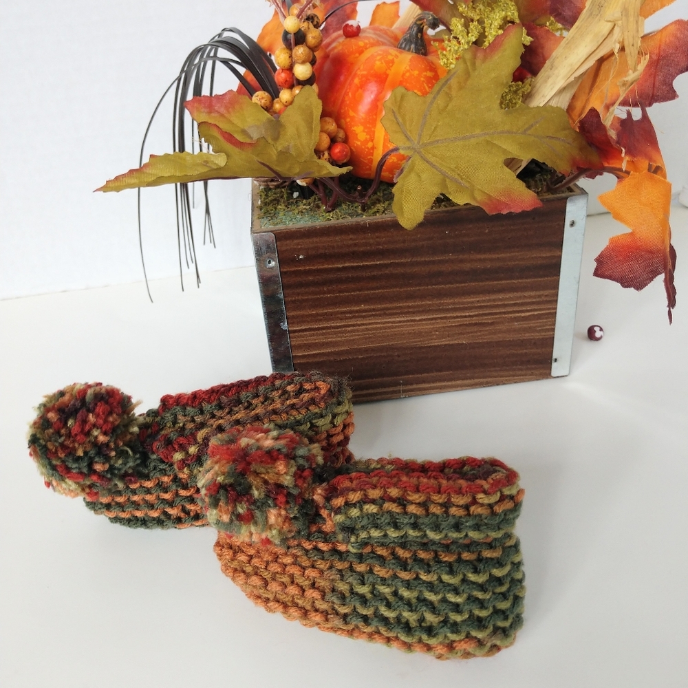 Hand Crafted Baby Slippers Boots Shoes Pompom Knit Browns Greens Orange Fall - Picture 5 of 11